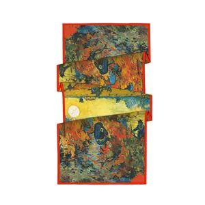 Détail d'une écharpe en soie double face avec paysage de peinture à l'huile artistique