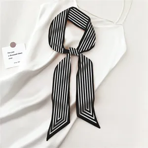 Vintage style black and white striped long silk ribbon scarf for hair and neck styling