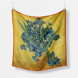 Van Gogh Iris zijden vierkante sjaal met gele achtergrond en oranje randen