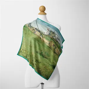 Vierkante zijden sjaal met olieverfschilderij van natuur op witte paspop-torso