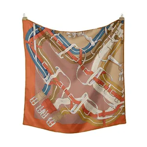 Elegant Equestrian Print Square Satin Scarf For Women French Retro Horse Bit Pattern Hair Neck Scarf Fashion Accessories