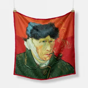 Artistic Van Gogh self-portrait square silk scarf with red border and vibrant oil painting