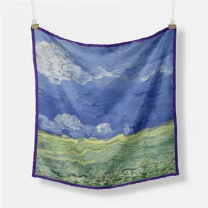 Van Gogh oil painting style silk square scarf featuring blue sky and green fields