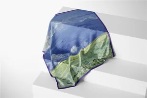 Artistic Van Gogh oil painting silk scarf draped on a white minimalist geometric step