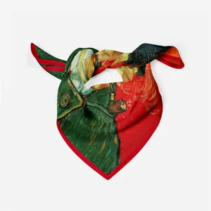 Artistic Van Gogh self-portrait print silk square scarf in vibrant orange and red tones