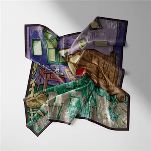 Macro detail of silk-feel square scarf featuring Van Gogh Bedroom art print with rolled edges