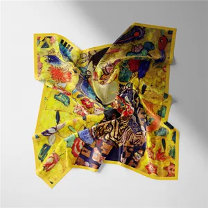 Gustav Klimt Lady with a Fan art print silk square scarf in vibrant yellow with rolled edges