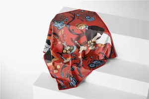 Dettaglio foulard in seta rossa con stampa Matisse su gradini geometrici bianchi