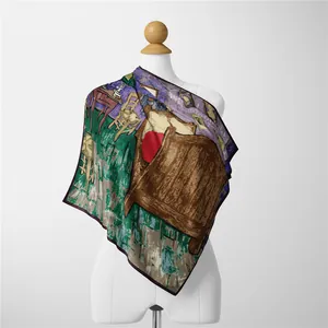 Artistic silk square scarf with Van Gogh Bedroom print displayed on a mannequin