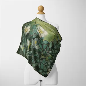 Impressionist Van Gogh wild rose print silk scarf on a mannequin with green floral pattern