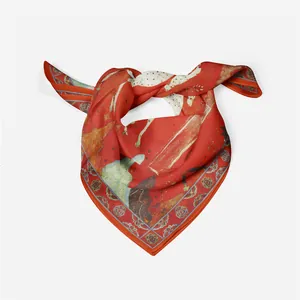 Elegant red Dunhuang deer print silk scarf folded with decorative knot on white backdrop