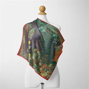 Foulard quadrato in seta 53cm con bordo rosso e stampa artistica di pittura a olio