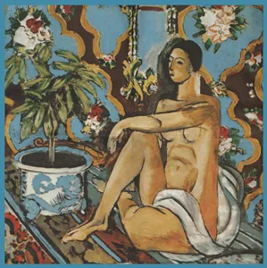Matisse inspired floral art scarf featuring an intimate nude woman and green plants