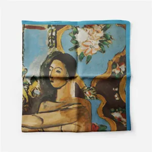 Matisse style oil painting silk scarf with floral print and light blue borders