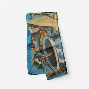 Detailed macro view of art print silk scarf featuring Matisse style floral patterns