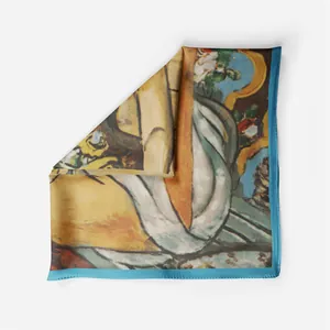Artistic oil painting floral silk scarf with vibrant abstract print and sky blue edges