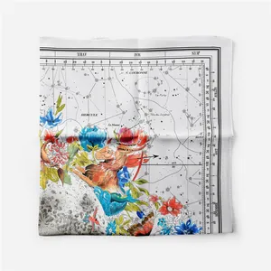 Detail of silk scarf with vintage star map, French months and floral print