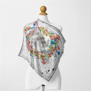Premium silk square scarf with French lunar moon and vintage zodiac floral print design