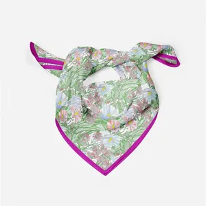Fashionable floral print silk square scarf with pink botanical patterns and rose red border