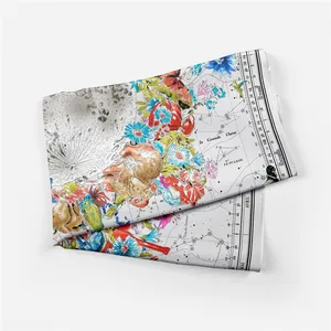 Premium mulberry silk square scarf with vintage French astronomical and floral print