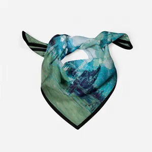 Écharpe artistique en soie style peinture Monet avec dégradé bleu et motifs abstraits