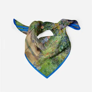 Foulard en soie vintage motif jardin de Monet avec bords roulés bleus élégants