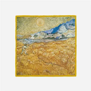 Elegante foulard in seta con stampa Van Gogh Campo di grano e bordo giallo decorativo