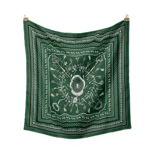 Mens dark green silk square scarf with vintage key and paisley pattern on white background