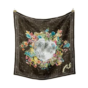 Brown silk square scarf featuring celestial moon and botanical print with gold clips