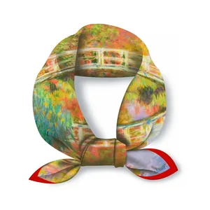 Claude Monet Japanese Bridge oil painting style silk square scarf with red edges