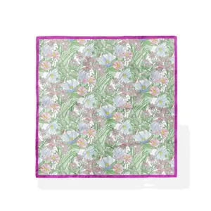 Women Floral Satin Square Scarf Botanical Print Decorative Headscarf Neck Scarf Rose Red Contrast Border Travel Beach Daily