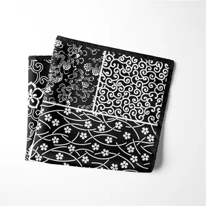 Classic black and white square scarf with traditional Japanese patterns on white background