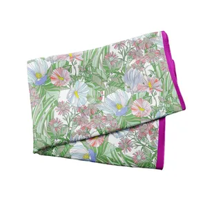 Summer silk square scarf with floral print and purple borders for women fashion