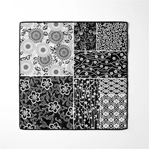 Vintage black and white square silk scarf with traditional Japanese floral and wave patterns