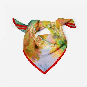 Claude Monet Japanese Bridge art print silk scarf with vibrant red borders