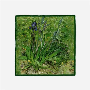 Detail of Van Gogh Irises art print on silk scarf with elegant deep green border