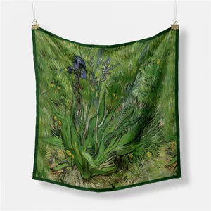 Artistic silk scarf featuring Van Gogh Iris oil painting print with green rolled edges
