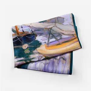 Foulard en soie avec impression d'art Monet Seine et voiliers sur fond blanc
