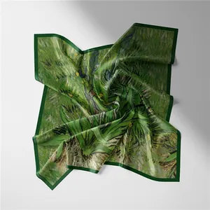 Detail of artistic oil painting print silk scarf showing green iris pattern and soft texture