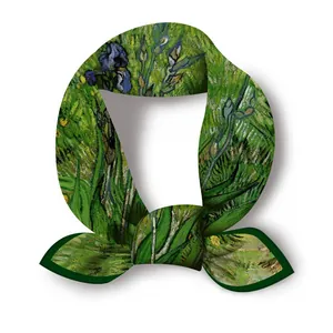 Artistic Van Gogh Iris oil painting style green skinny silk scarf for hair and neck decor