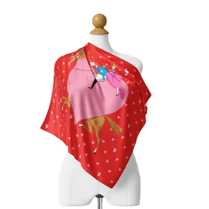 Red silk square scarf with romantic horse carriage and pink heart print for women
