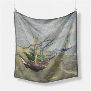 Vue détaillée d'un foulard en soie carré avec l'art de Van Gogh et bordure grise