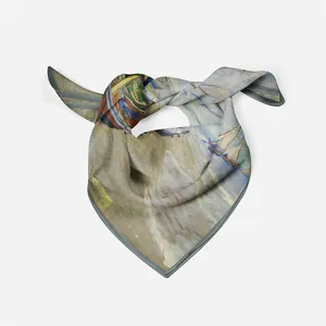 Détail d'un foulard en soie avec imprimé peinture à l'huile et bords roulés gris fins