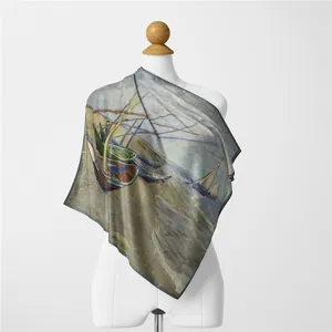 Détail du foulard en soie avec impression de peinture de Van Gogh et bateaux de pêche
