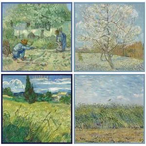Foulard Carré en Satin Artistique pour Femmes Impression Peinture à l'Huile Van Gogh Aspect Soie Foulard de Tête Bandana Élégant Châle