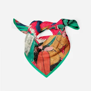 Detail of artistic landscape silk scarf featuring hand-painted illustration and green edges