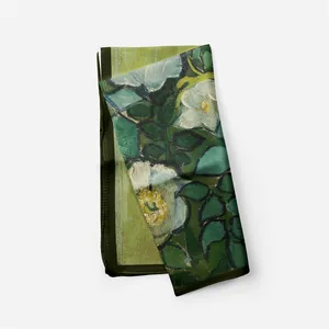 Detailed macro view of vintage oil painting style floral print silk square scarf texture