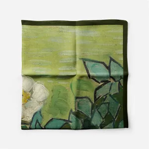 Detail view of Van Gogh style floral silk scarf featuring green leaves and white flowers
