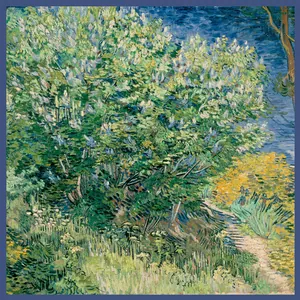 Dettaglio di sciarpa in seta con stampa pittura di Van Gogh e bordo blu elegante