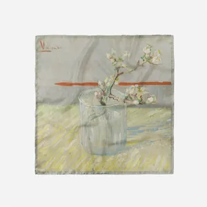 Detail showing Vincent van Gogh's Almond Blossoms art print on a square silk scarf